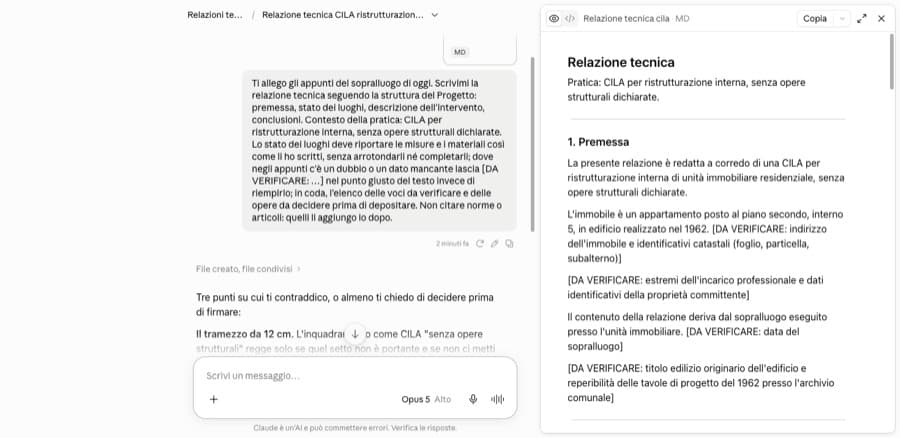 Schermata reale di claude.ai: la relazione tecnica prodotta dagli appunti del sopralluogo, con le voci da verificare segnalate.