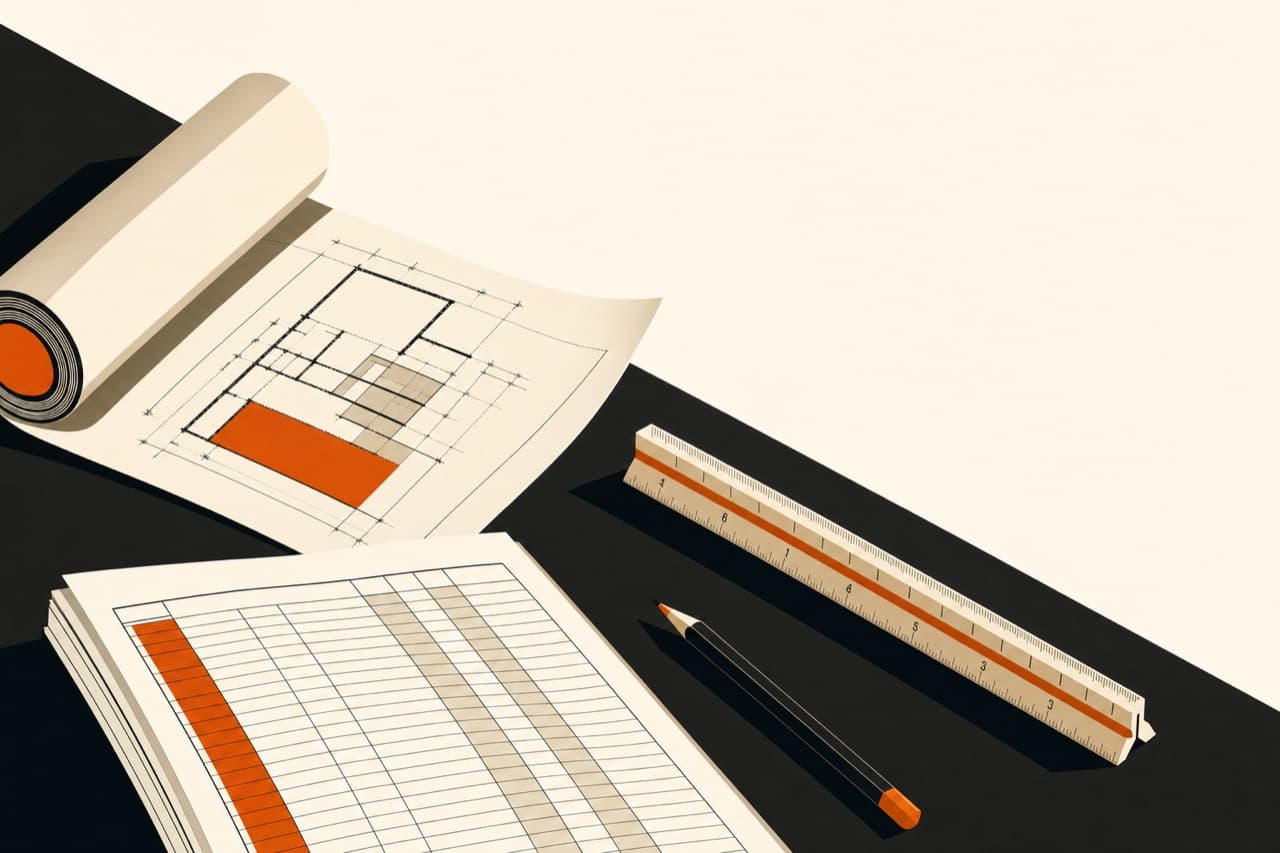 Tavolo da disegno di uno studio tecnico: un rotolo di tavole aperto su una pianta, un fascicolo di computo metrico, una scala metrica e una matita.
