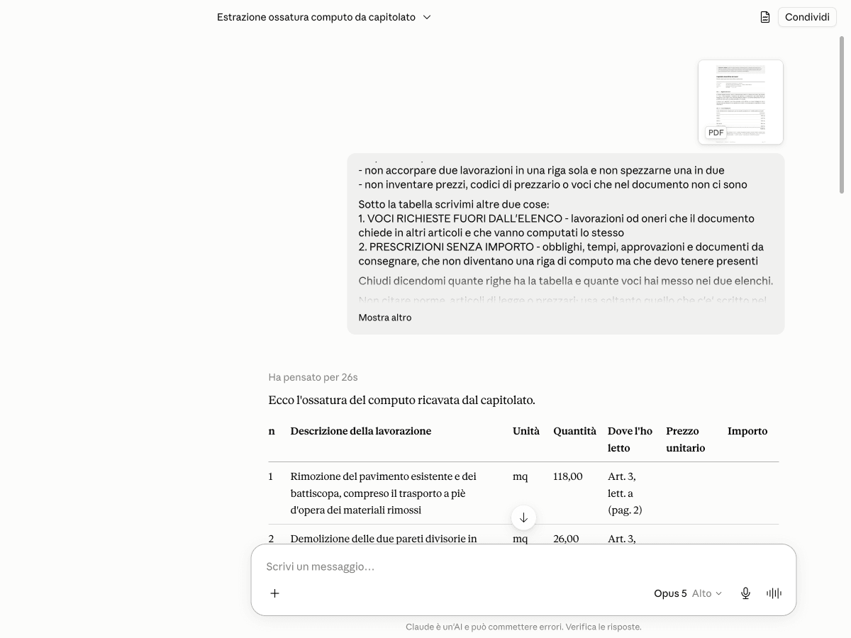 L’ossatura di un computo ricavata dal capitolato, con i prezzi lasciati vuoti e la colonna che dice da dove viene ogni riga