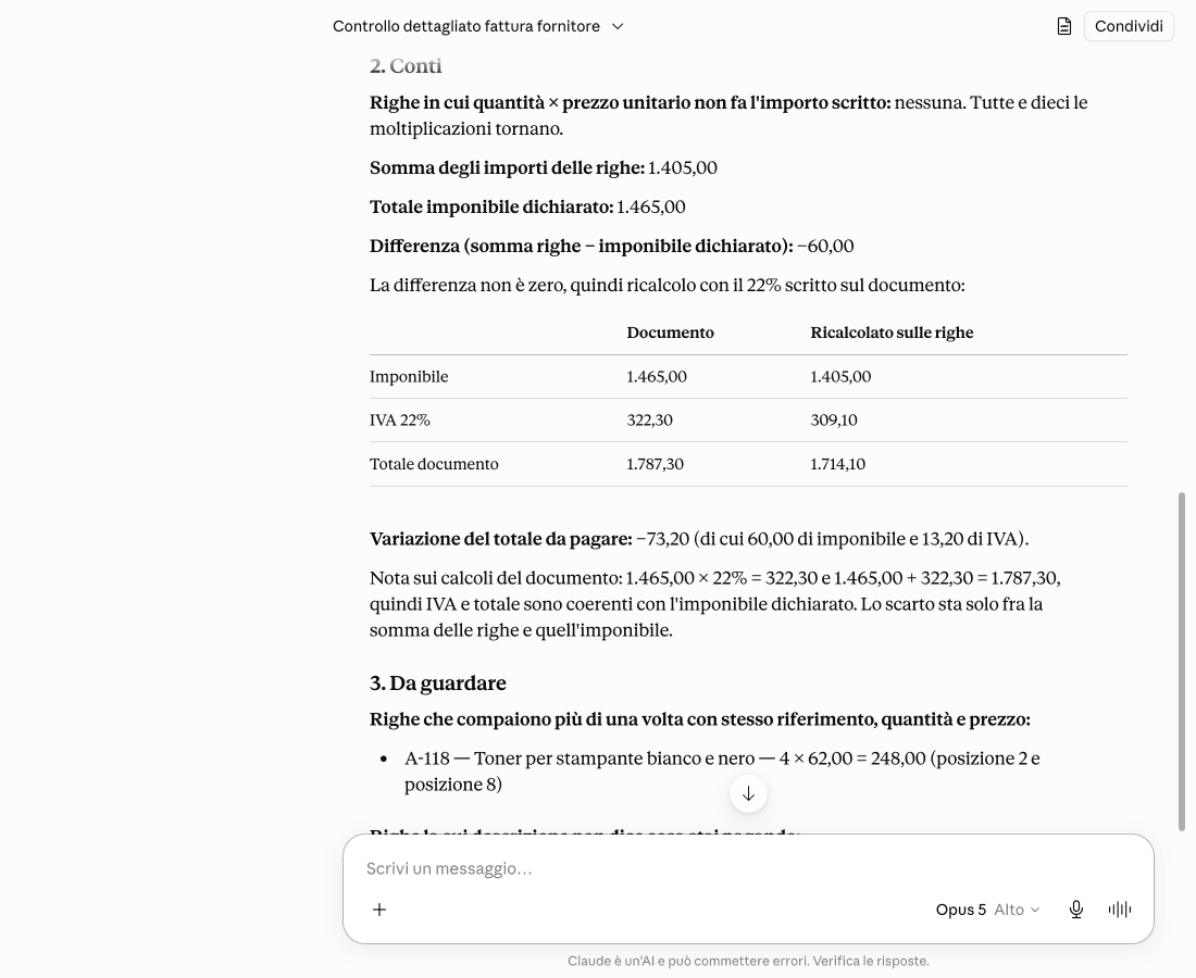Il controllo di una fattura: la somma delle righe contro il totale dichiarato, con la differenza e il ricalcolo