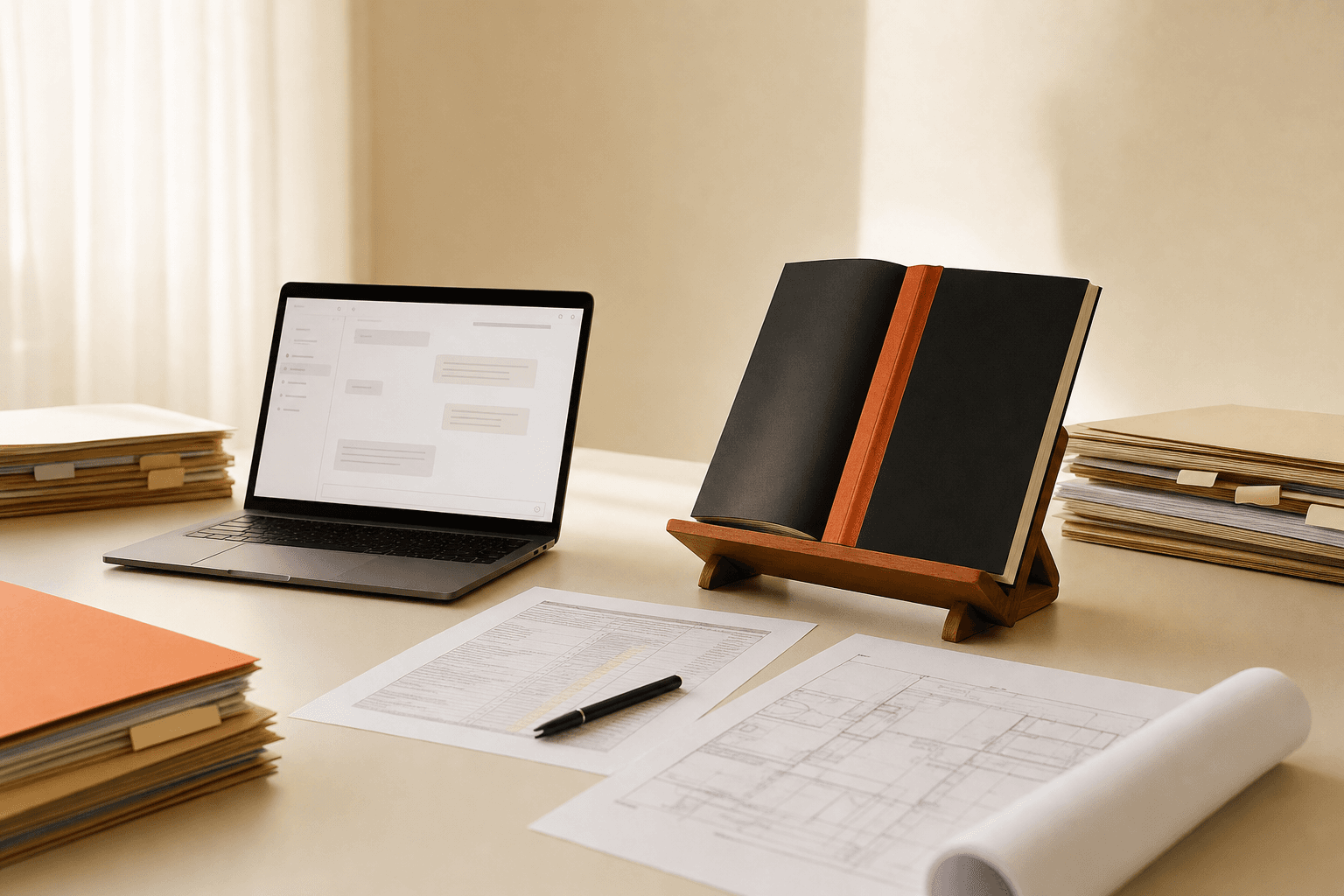 Una scrivania di studio: un portatile con una conversazione aperta, la guida su un leggio da tavolo, e intorno faldoni, un prospetto stampato e un disegno tecnico