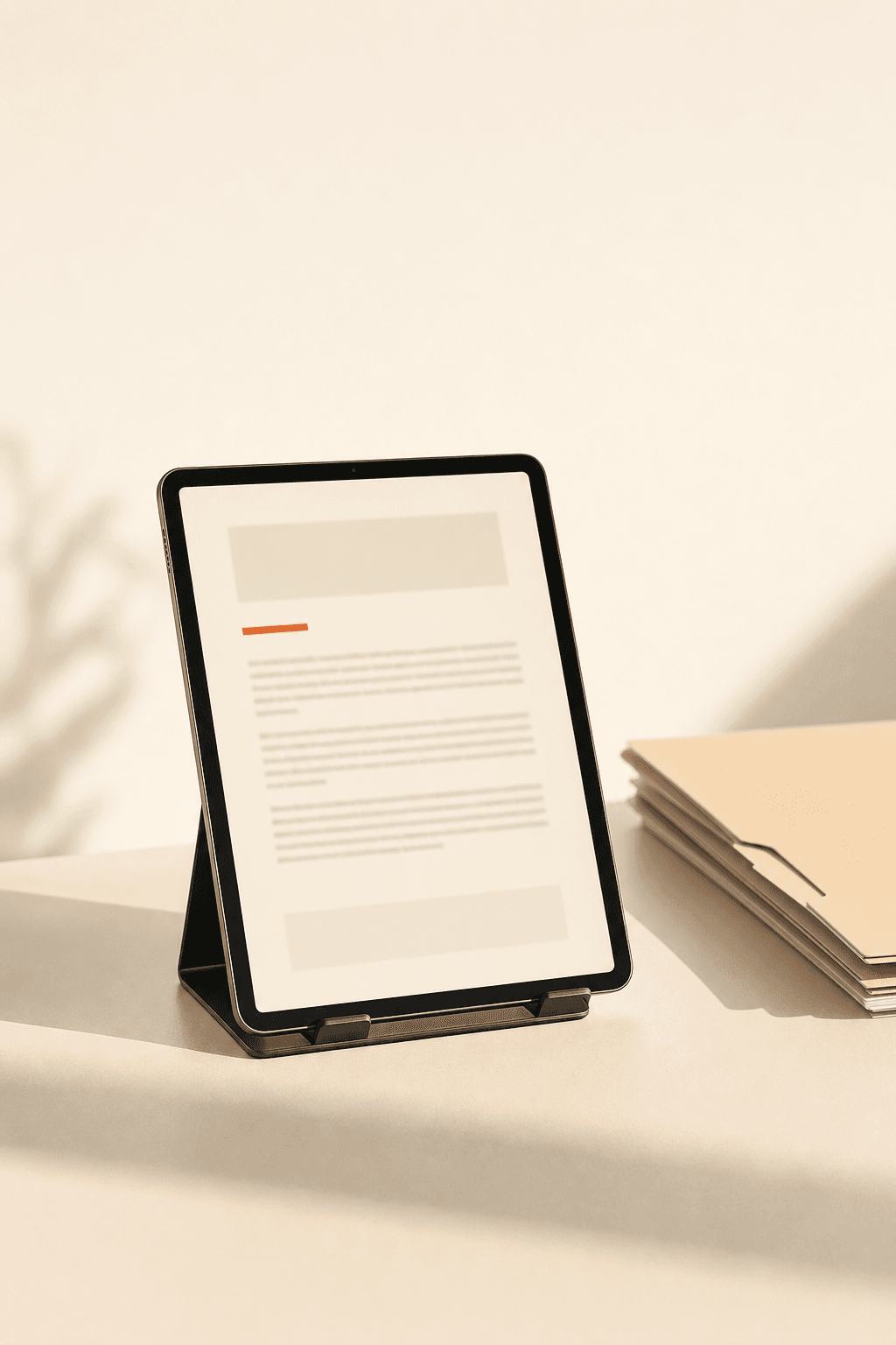 Un tablet su un supporto sottile con una pagina della guida aperta, di fianco due faldoni