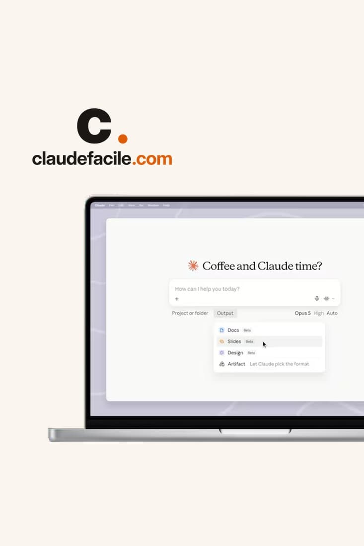 Il menu Output di Claude con le voci Docs, Slides, Design e Artifact