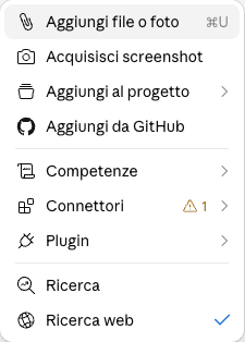 Il menu di claude.ai con le voci Competenze, Connettori e Plugin