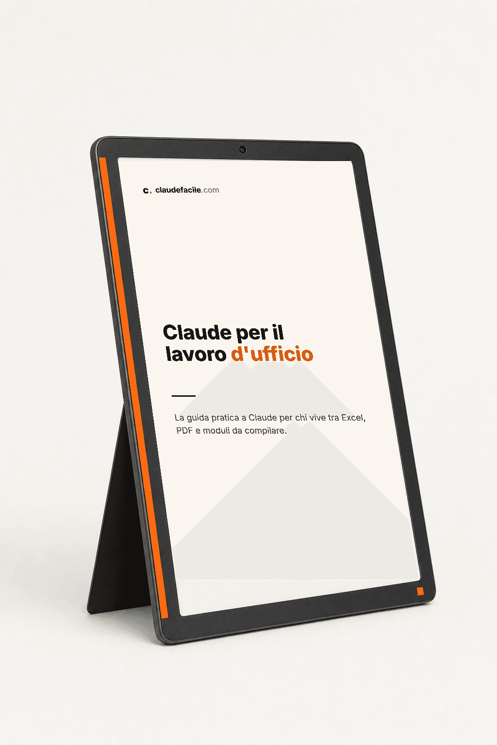 Un tablet appoggiato su un supporto sottile, con sullo schermo la copertina della guida: titolo e logo claudefacile.com