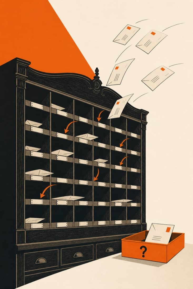 Un casellario da ufficio postale con le buste che finiscono ognuna nella sua casella e una sola, in un cassetto arancio col punto di domanda, messa da parte